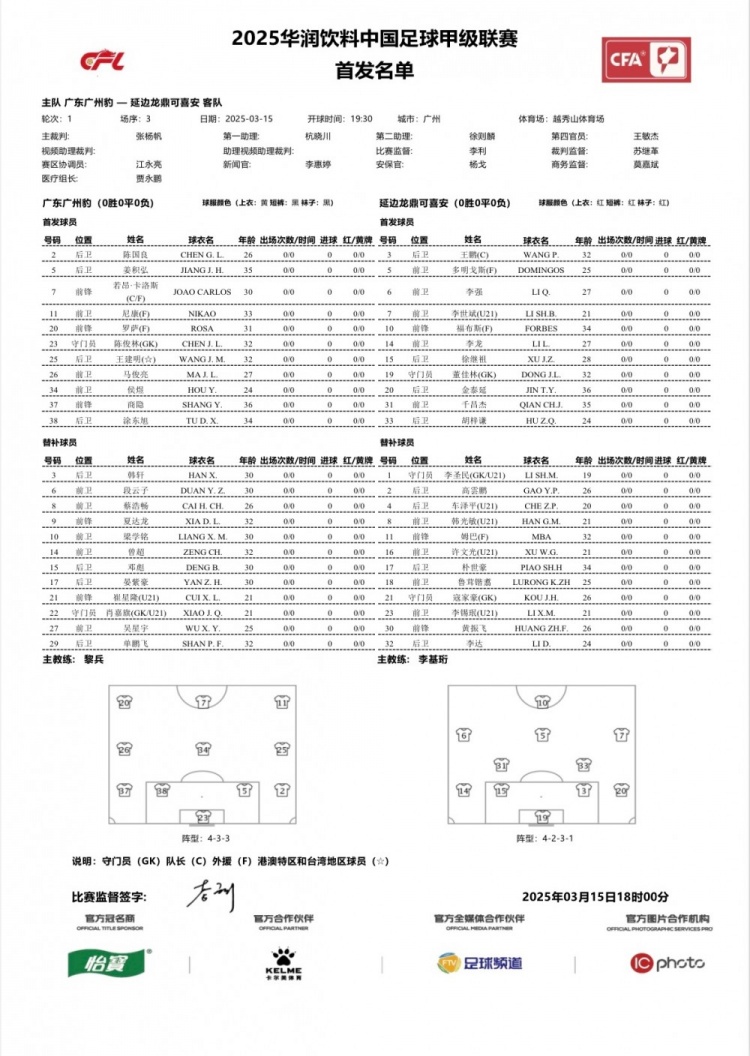  廣州豹vs延邊龍鼎首發(fā)：卡洛斯、羅薩、尼康三外援領(lǐng)銜廣州豹