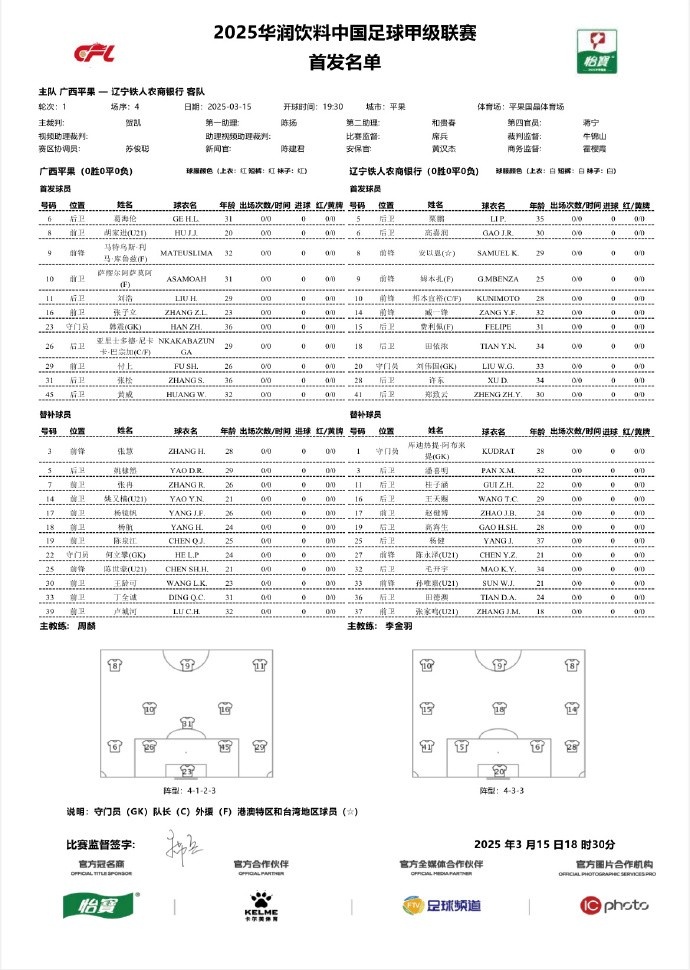  中甲-廣西平果vs遼寧鐵人首發(fā)：三外援對(duì)決三外援，安以恩出戰(zhàn)